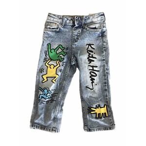 H&M Rare Keith Haring Stone Washed Jeans Pants Size 2T Dog Skateboard Figures